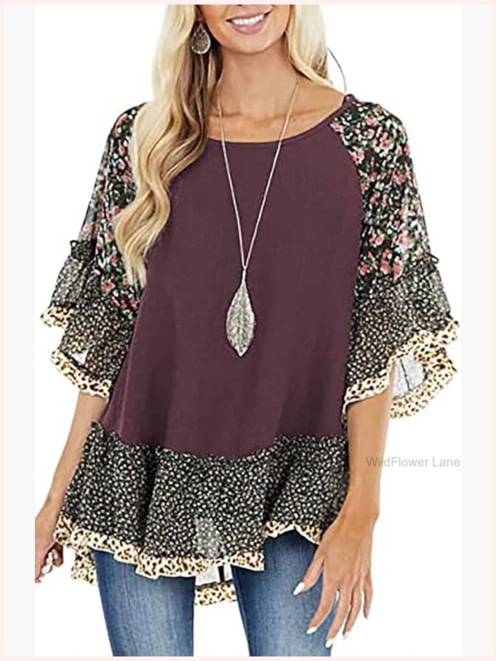 Floral Print Ruffle 3/4 Sleeve Peasant Blouse Top